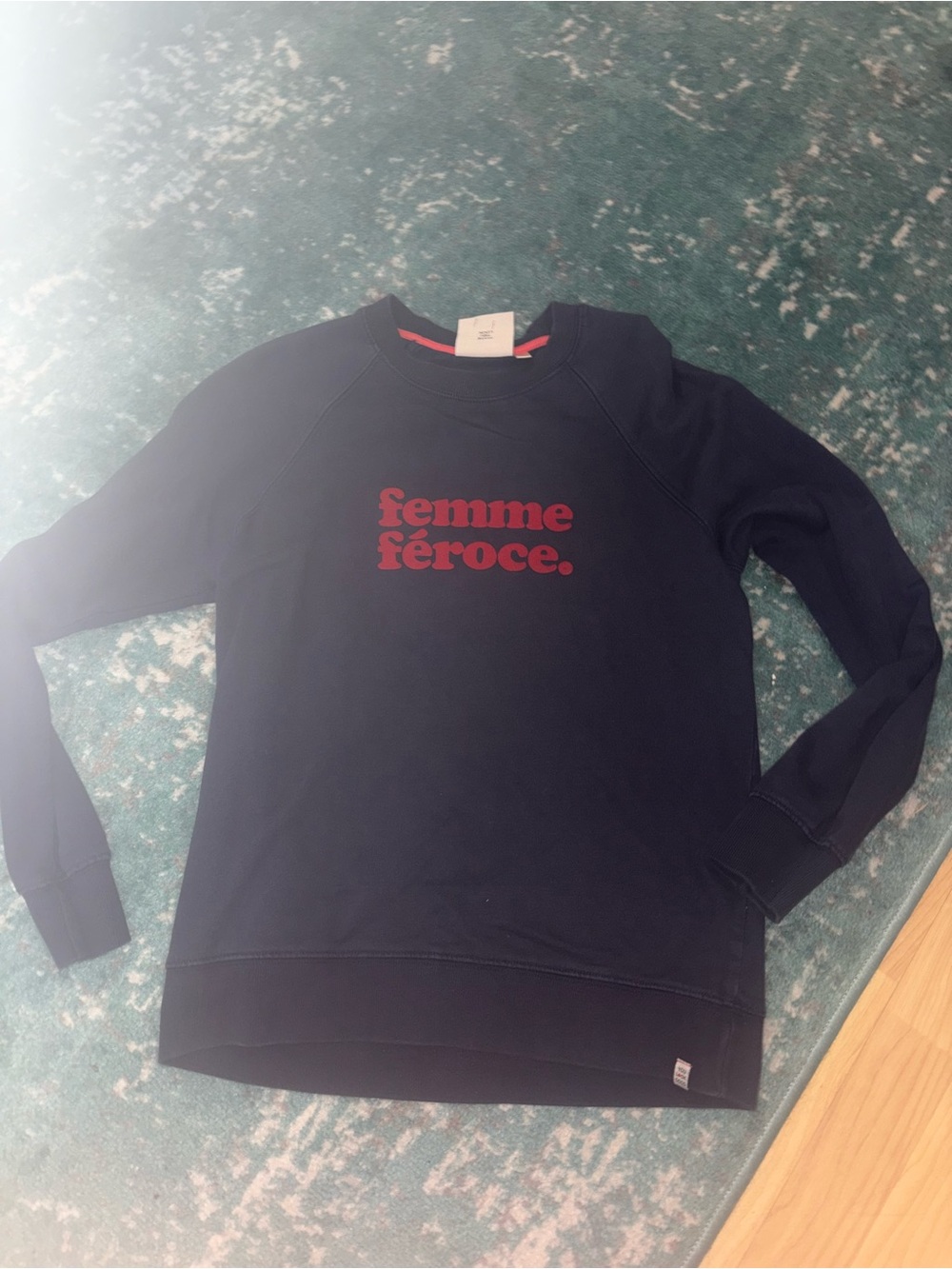 “Fierce Female” Femme Feroce Parisian Navy Red Velvet Letters Pullover Small